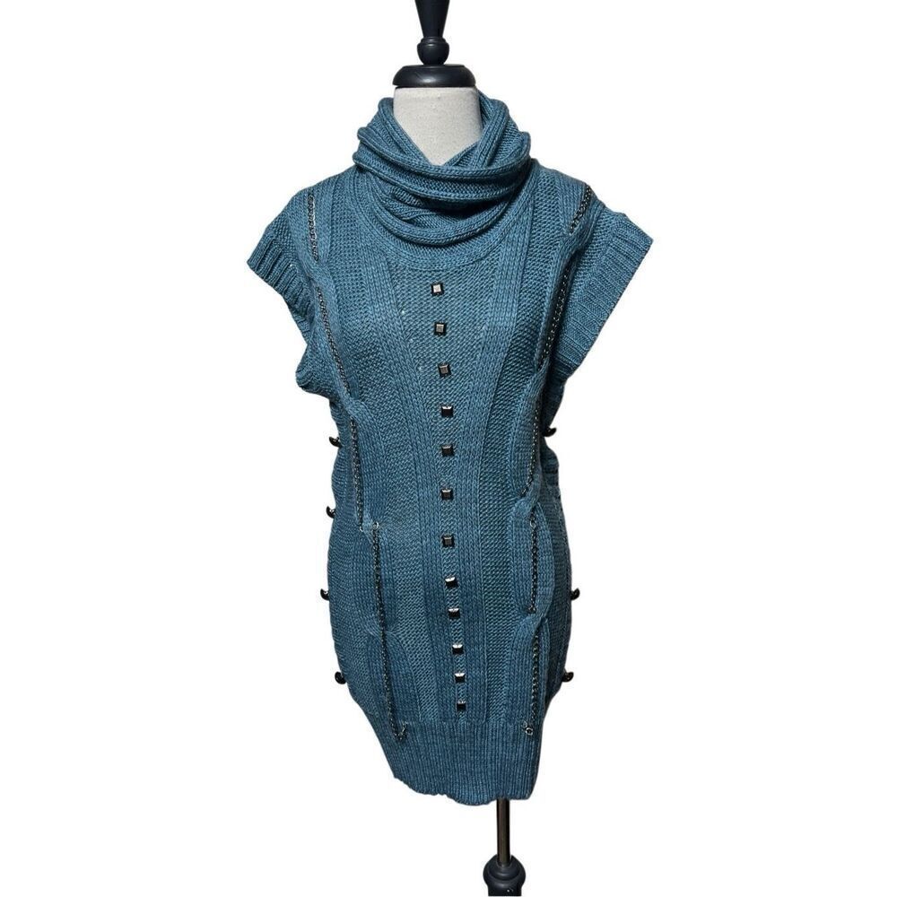 Kessley Short Sleeve Embellished Turquoise Cowl Neck Tunic Sweater S/M